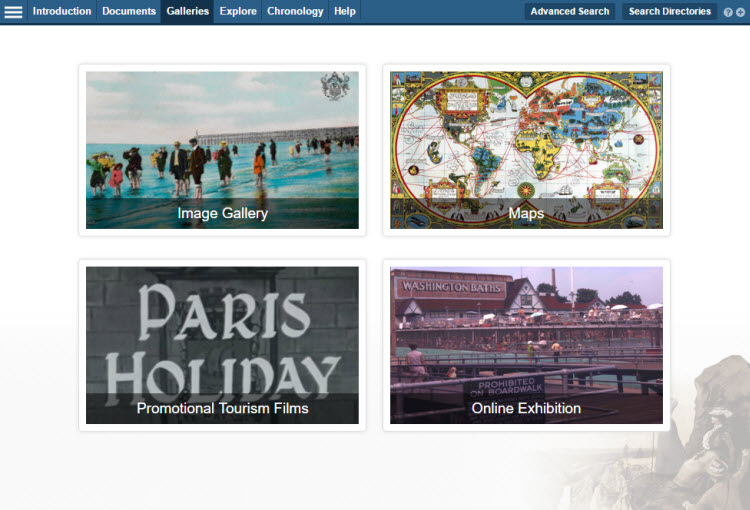 Screenshot of the 'Galleries' landing page, showing thumbnails for the main Image Gallery, the Map gallery, Promotional Tourism Films and the Online Exhibition.